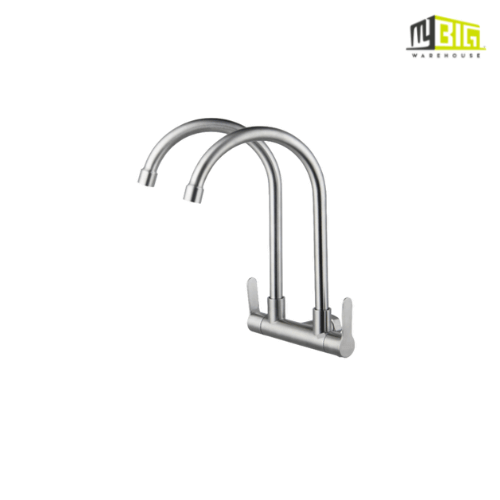 KITCHEN FAUCET TWO SPOUT STAINLESS STEEL 304 TWINS WALL SINK TAP HM 3309