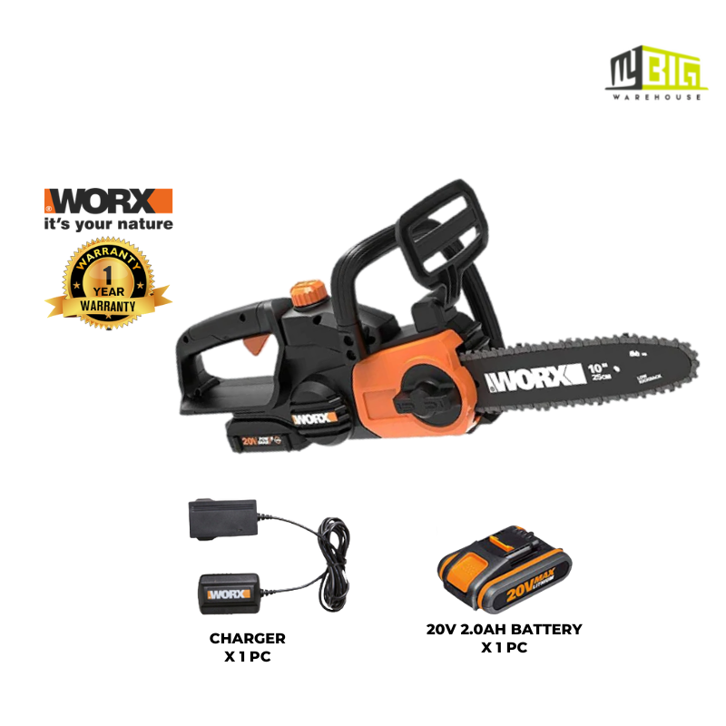 WORX WG-322E LI-ION CHAIN SAW (20V, 25CM BAR LENGTH, 3.7M/S CHAIN SPEED, 1 X 2.0AH BATTERY, 1 X 0.4A CHARGER)