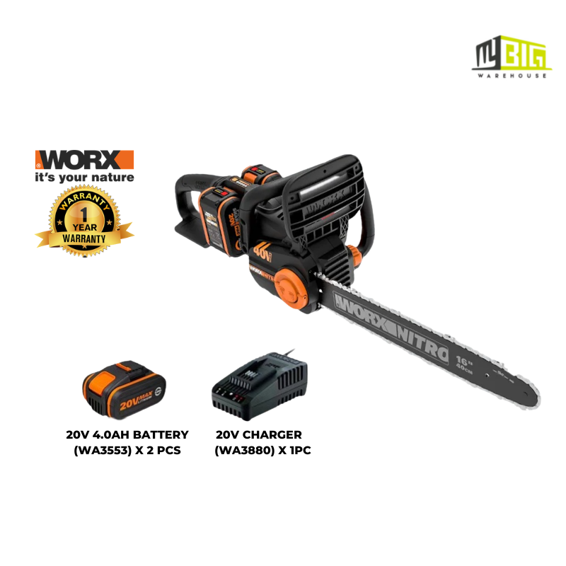WORX WG-385E BL BRUSHLESS CHAINSAW (40V, 40CM BAR LENGTH, 18M/S CHAIN SPEED, 2 X 4.0AH BATTERY, 1 X 4.0A DUAL CHARGER)