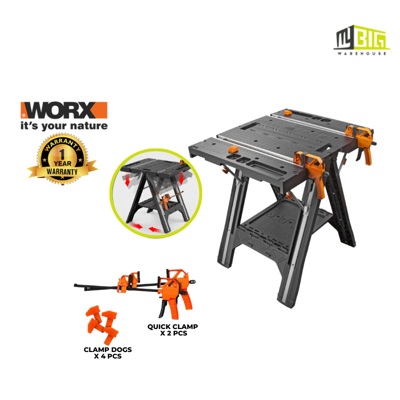 WORX WX-051 PEGASUS PORTABLE WORK TABLE, CLAMPING SYSTEM & SAWHORSE (31(W) X 25″(D) X 32″(H))