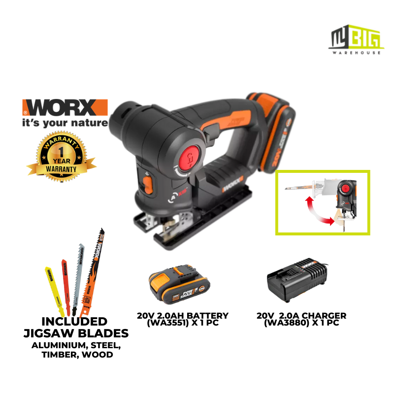 WORX WX-550 MULTI PURPOSED SAW (20V, 3000SPM, 20MM STROKE LENGTH, 1 X 2.0AH BATTERY, 1 X 2.0A CHARGER)